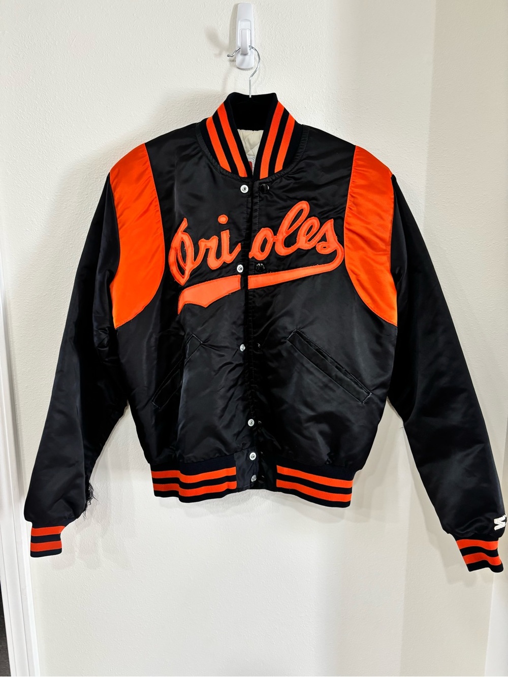 STARTER Orioles MLB Black and Orange Satin Varsity Jacket